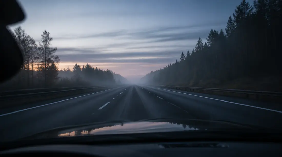 Vista de dentro do carro numa rodovia vazia ao amanhecer, com neblina baixa sobre o asfalto.
