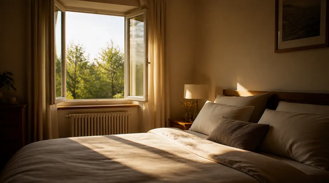 Quarto de manhã com a luz do sol entrando pela janela aberta sobre a cama arrumada.