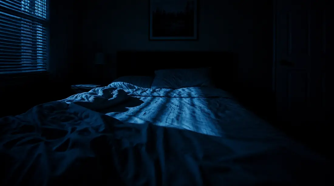 Quarto escuro de madrugada, cama desarrumada e uma faixa de luz fria entrando pela persiana.